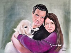 Retrato a pastel padre, hija y mascota