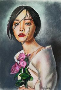 Geisha moderna pintada a pastel y lápices de color Prismacolor